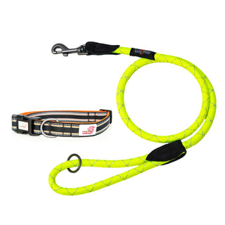 Reflective Padded Black Collar & Neon Rope Lead Set